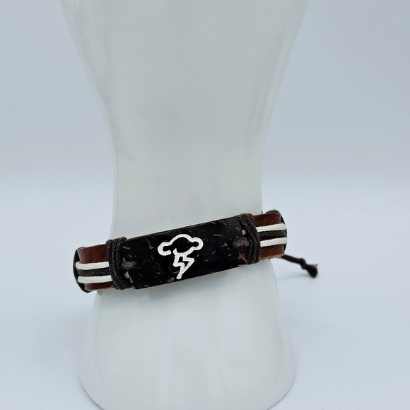 Leather Bracelet Hemp Cord Carved Rainbow Lightning Brown Tan Adjustable Slide - Picture 10 of 11